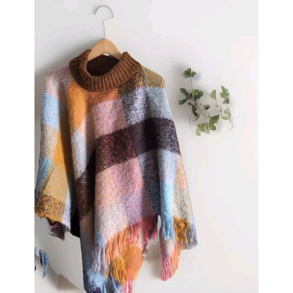 Pretty Persuasions OSFM Multicolor Neutral Mock Neck Cap Pullover Fringed Soft - Picture 1 of 7